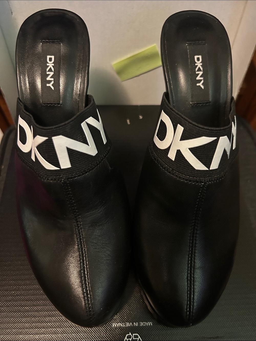 DKNY Black Leather Slip-On Mules with White Logo Band